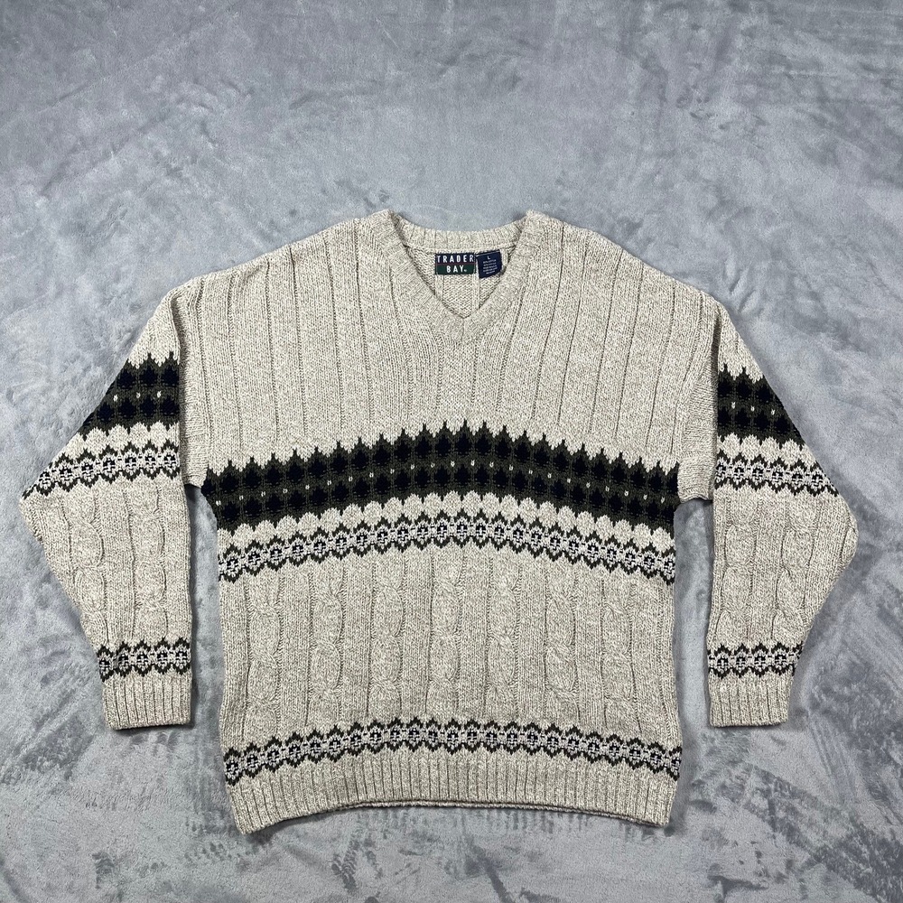 Vintage Trader‎ Bay Mens Large V-Neck Cable Knit Fair Isle Sweater Oatmeal USA